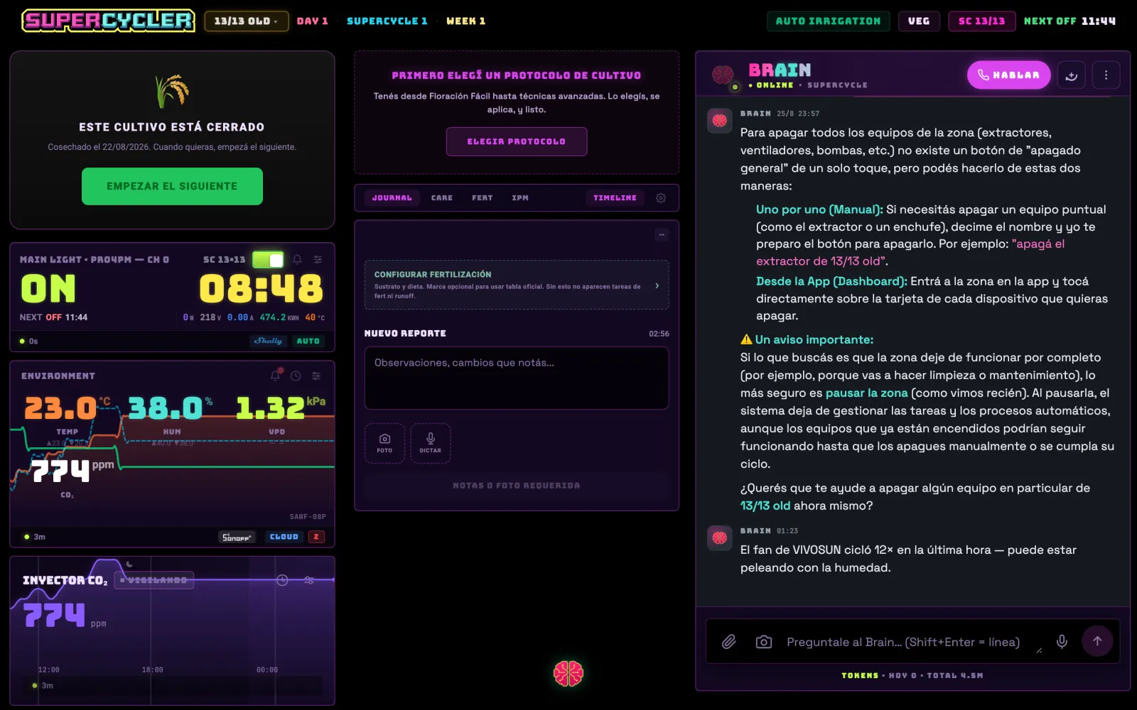 FIG 03b · On a wide screen the dashboard splits into columns and adds the Brain chat on the right.